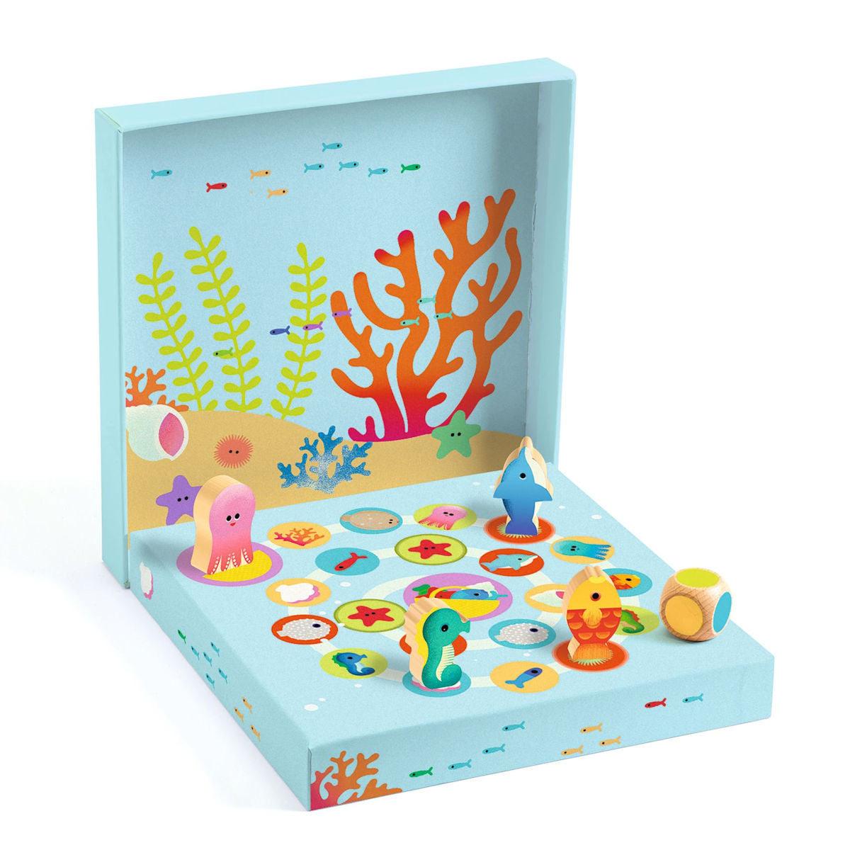 Djeco Wooden Educational Game, Ludo Sea – 4-in-1 Game Set including Fishing Game
