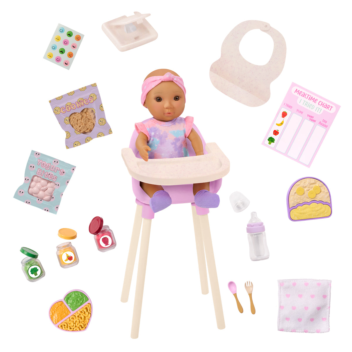 Our Generation dukketilbehør til spisetid med babydukke i højstol og legemad