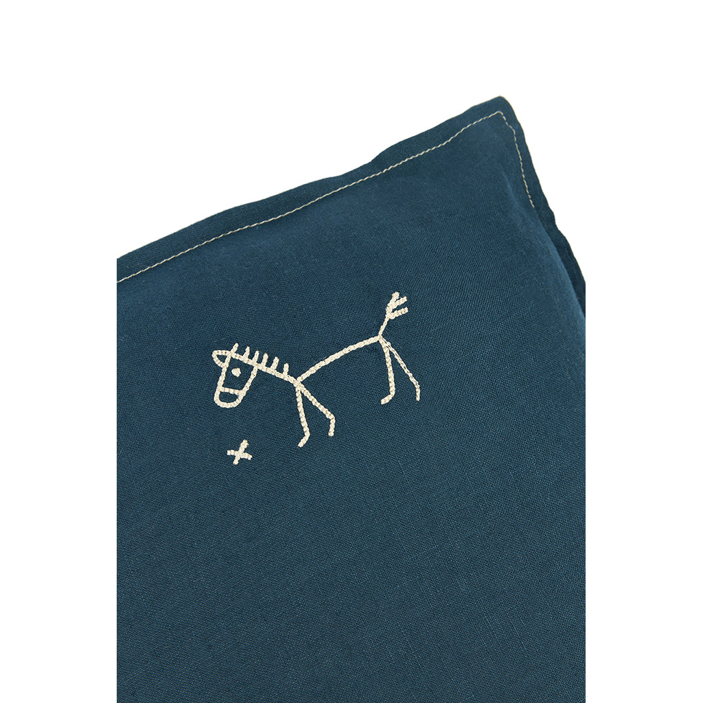 Nobodinoz Embroidered Cushion, 45 x 45 cm, Washed French Linen – Deep Blue