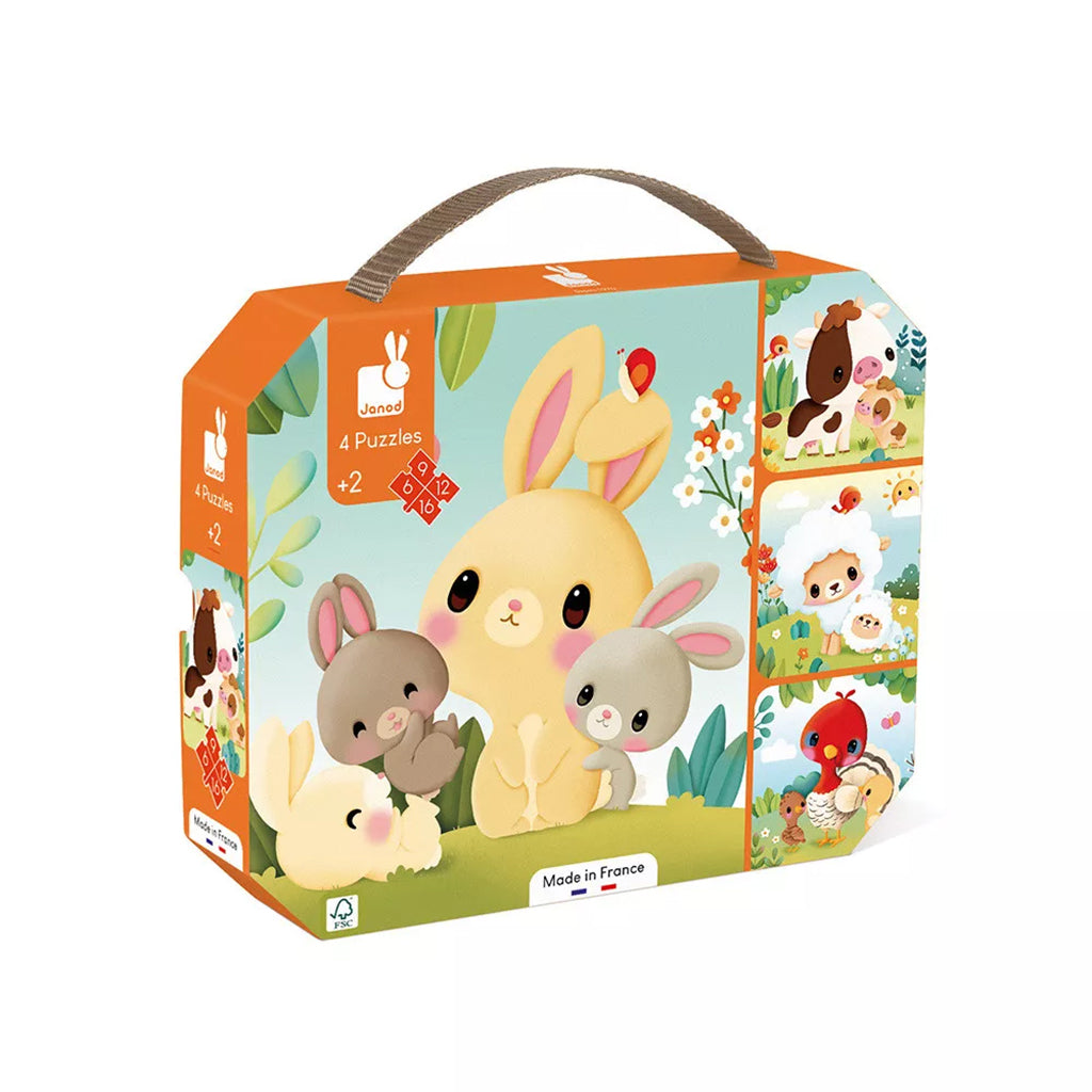 Janod Puzzle, 4-in-1 with Progressive Difficulty, 6, 9, 12, and 16 Pieces - Farmyard