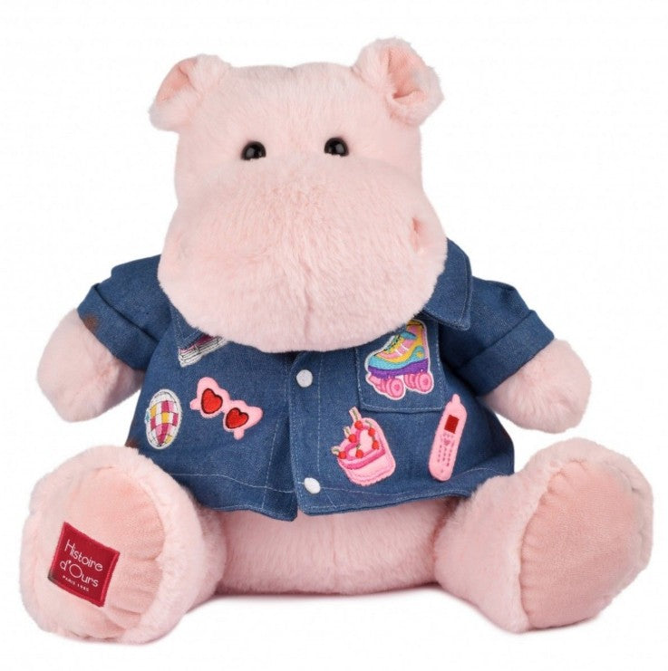 Doudou et Compagnie Hippo Plush Toy, Pink with Denim Jacket - 38 cm