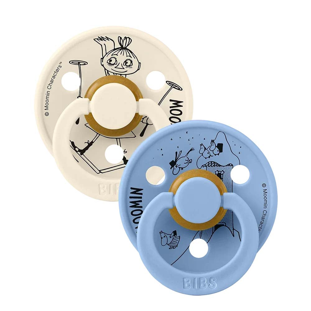 BIBS x Moomin Natural Rubber Pacifiers, Size 2 – Mymble Ivory/Sky Blue