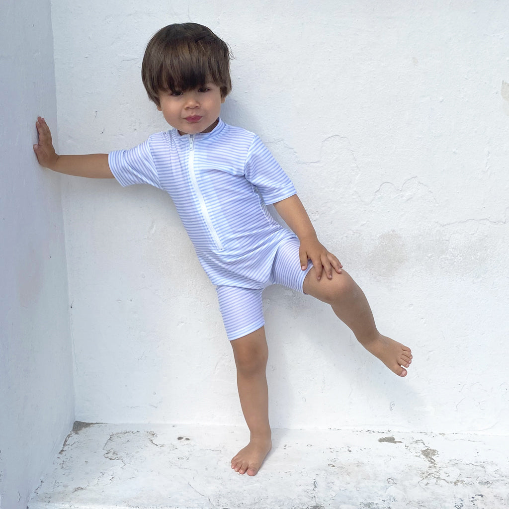 Petit Crabe UV Suit with Zipper, Natsu, Baby Blue/White – For ages 0 to 8 years