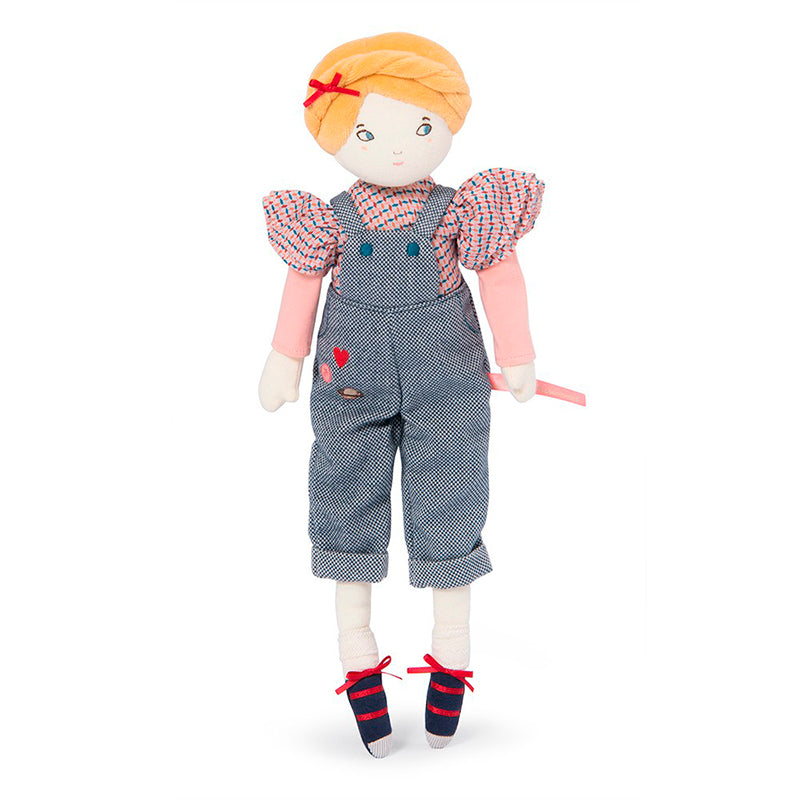 Moulin Roty Mademoiselle Eglantine dukke med rødt hår og blå bukser