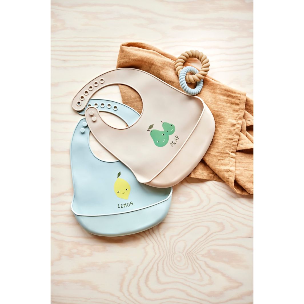 OYOY Yummy Silicone Bibs with Pocket, Set of 2 – Minty/Camel