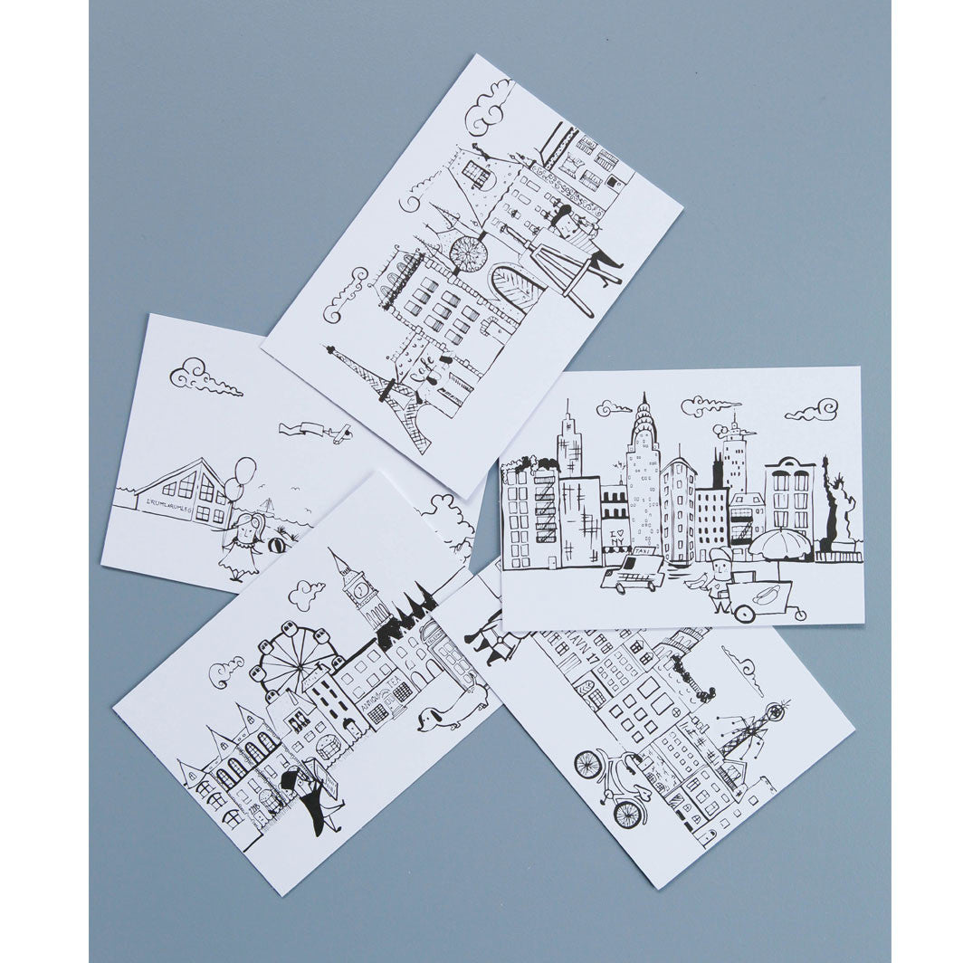 Fem Lirum Larum Leg postkort med storby illustrationer