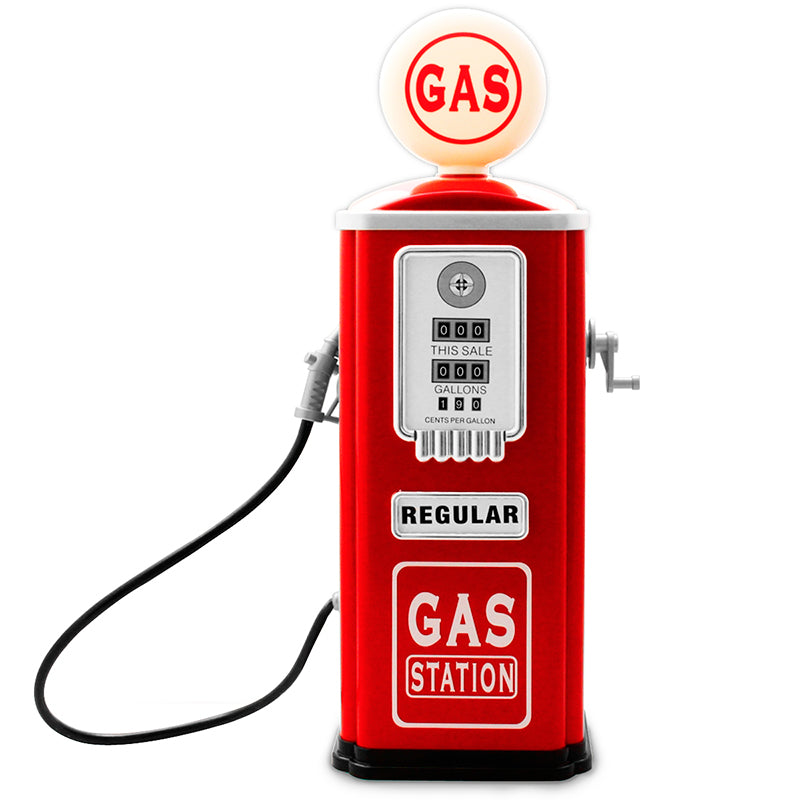 Benzinstander, flot rød metalstander. Gas station. Sjov leg.