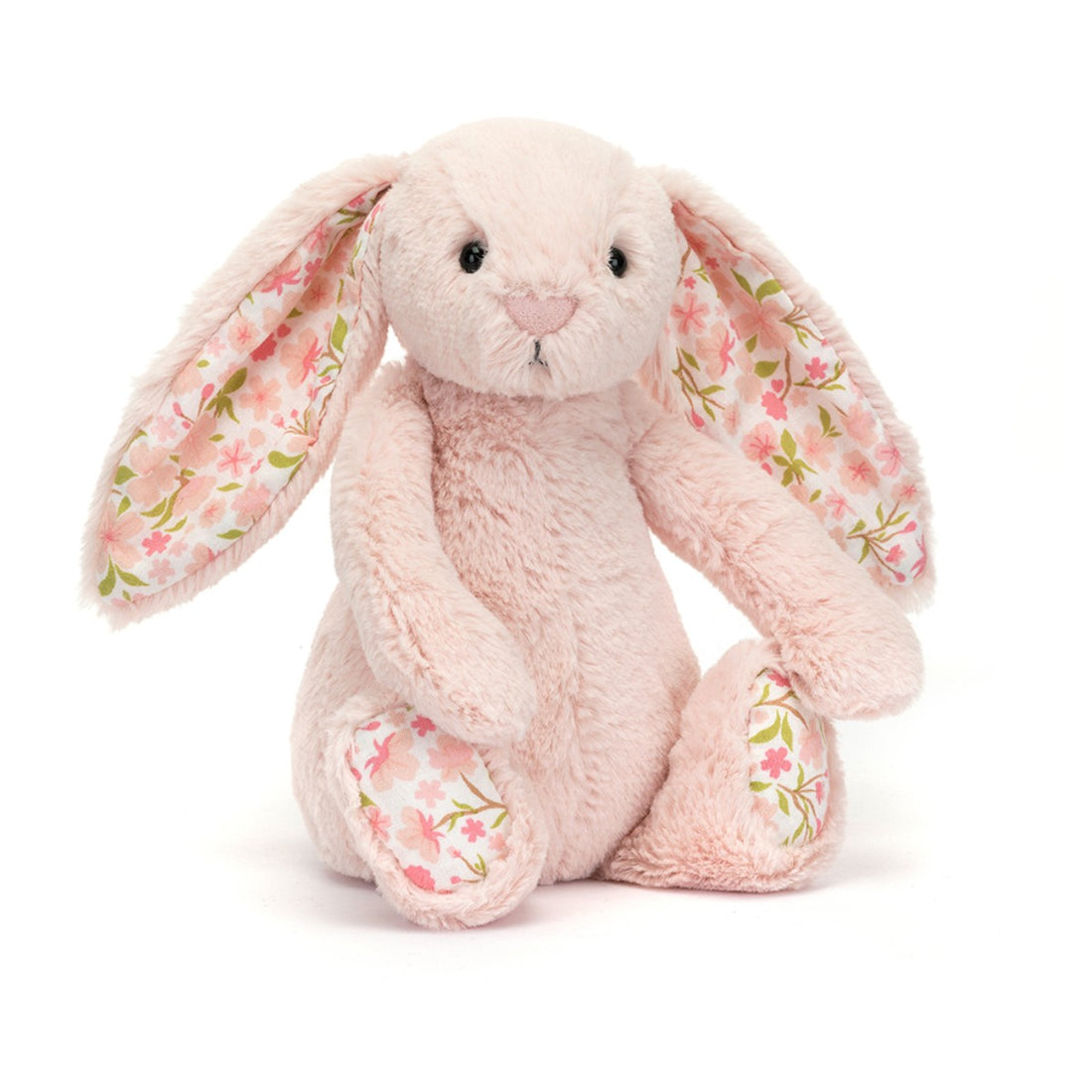 Jellycat bashful Elsie Cherry kaninbamse, 18 cm med blomstret stof i ører og poter
