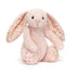 Jellycat bashful Elsie Cherry kaninbamse, 18 cm med blomstret stof i ører og poter