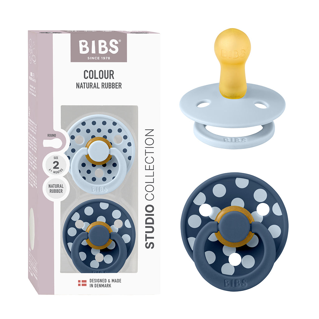 Bibs Natural Rubber Pacifiers Size 2 – Polka Baby Blue/Steel Blue