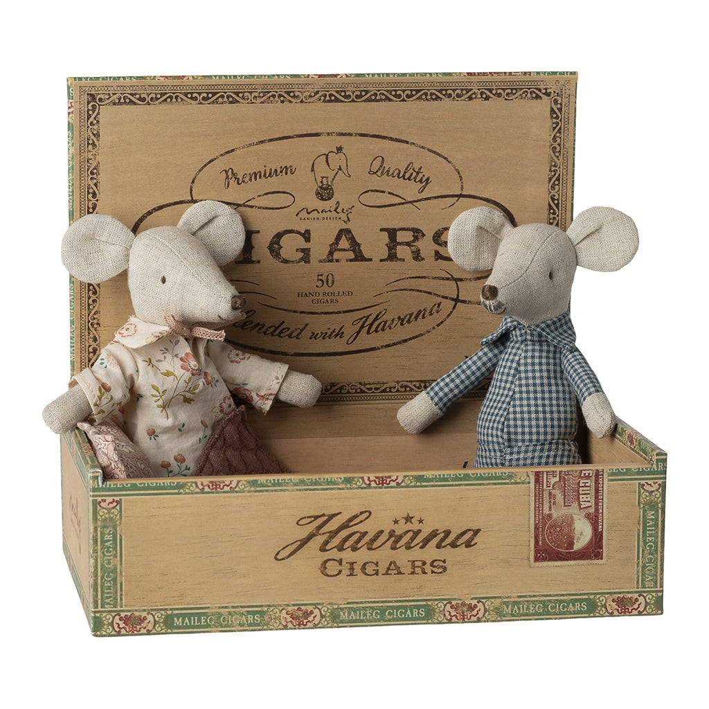 Maileg Grandma and Grandpa Mouse in Cigar Box