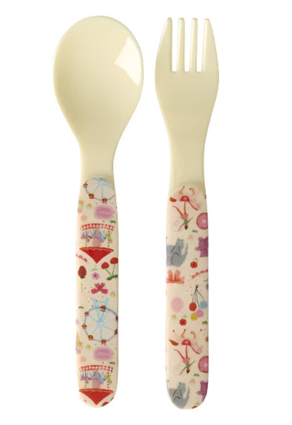 Rice Babyske og gaffel i melamin, Pink - Fun Fair Print