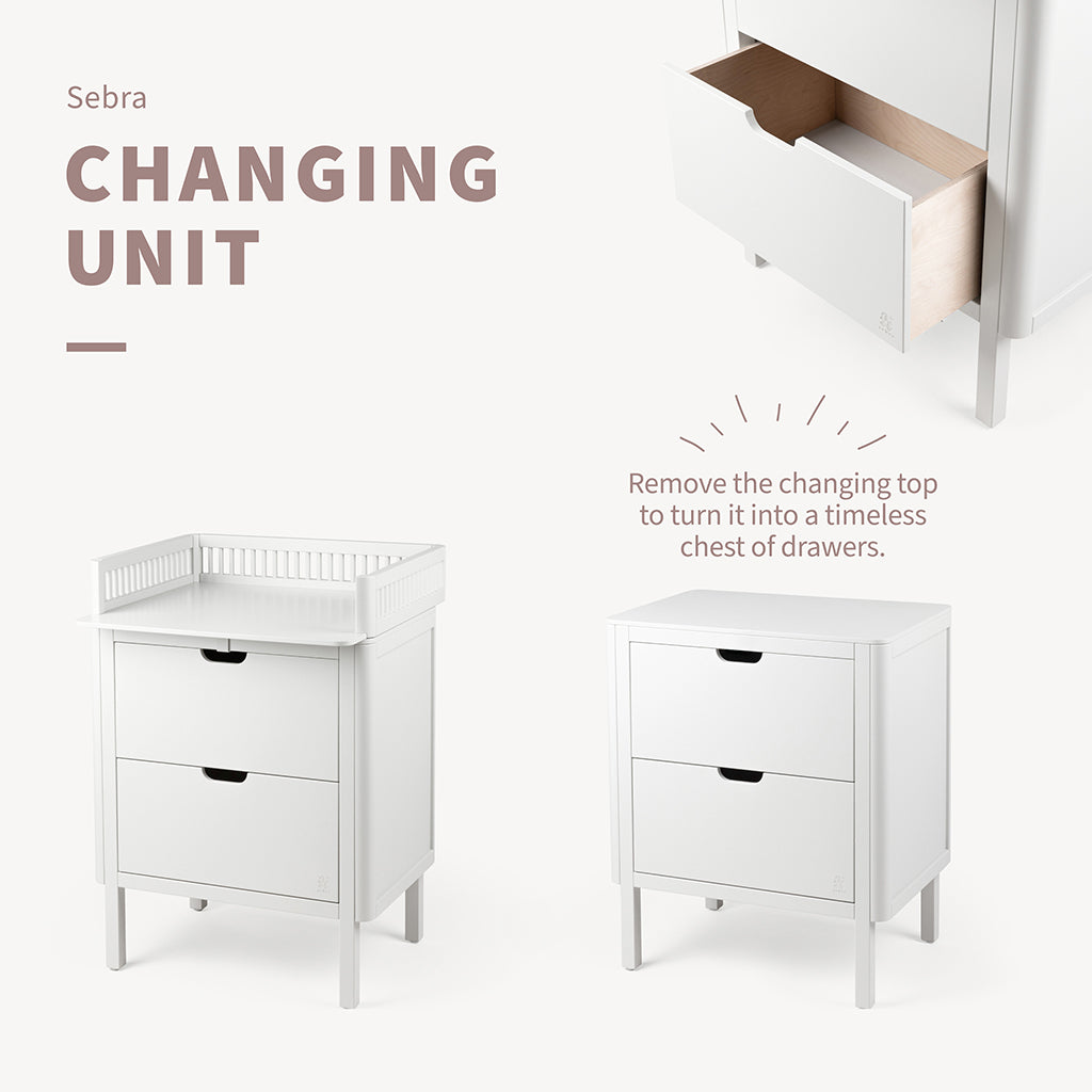 Sebra puslebord i træ, 2-i-1 design m. skuffer - Classic white