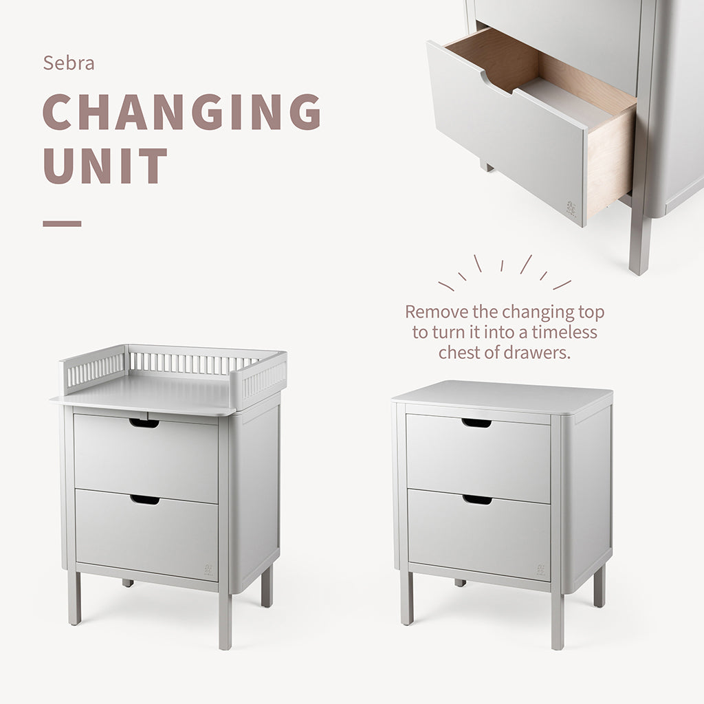Sebra Wooden Changing Table, 2-in-1 Design with Drawers – Stone