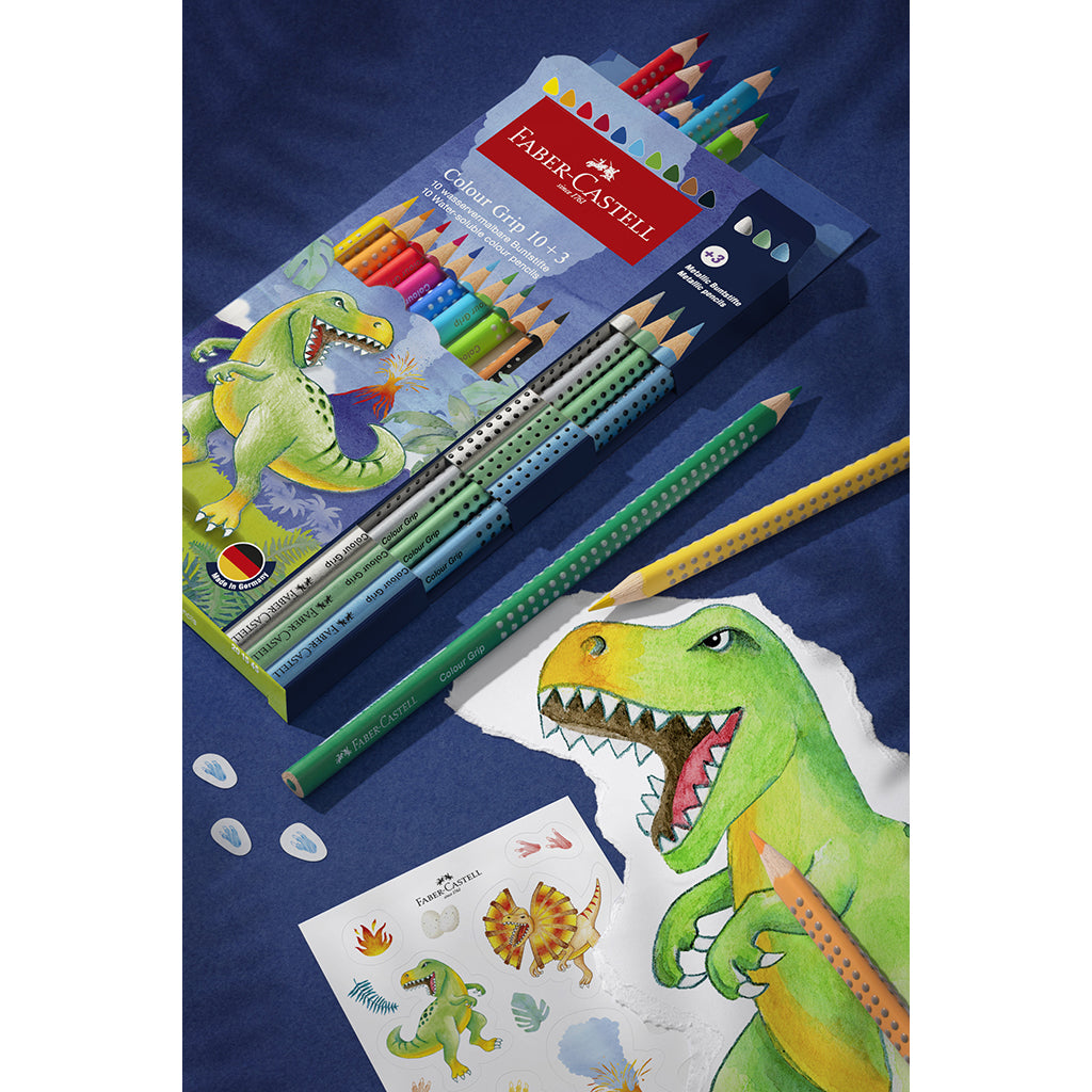 Faber-Castell 10+3 Grip akvarel farveblyanter + klistermærker, Dinosaur