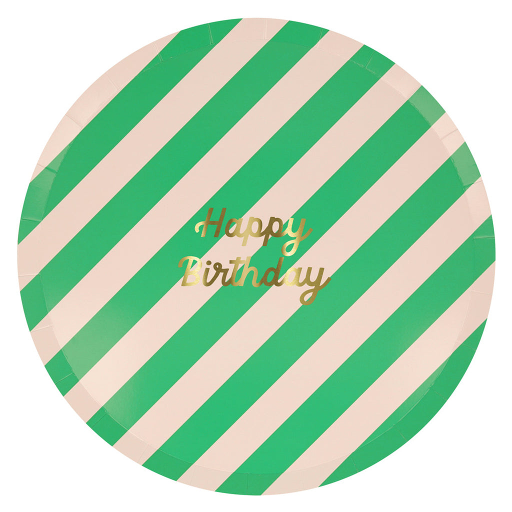 Meri Meri Paper Plates, Size L, Striped Happy Birthday - Set of 8