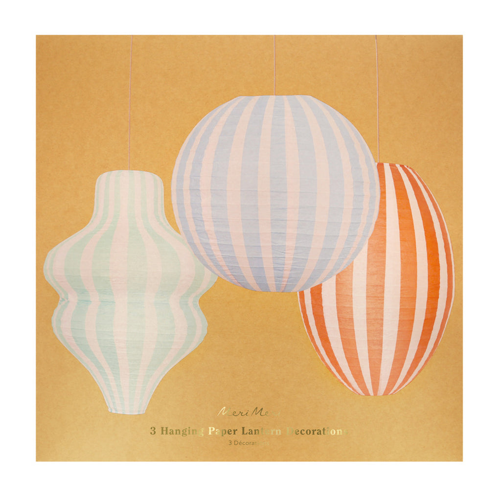 Meri Meri Paper Lanterns, Stripy Design, Set of 3 - WITHOUT LIGHT SOURCE