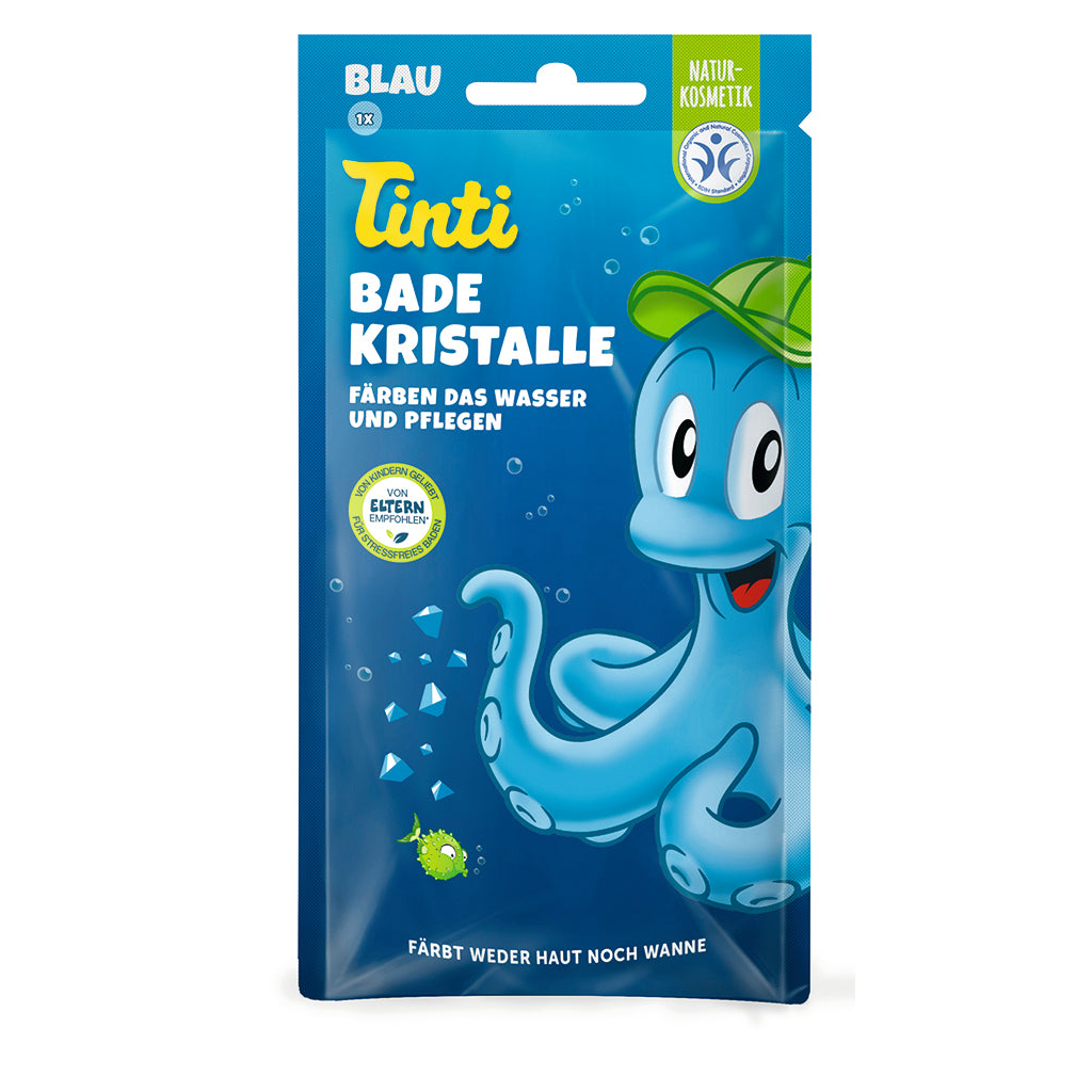 Tinti badekrystaller blå pakke med blæksprutte til badetid
