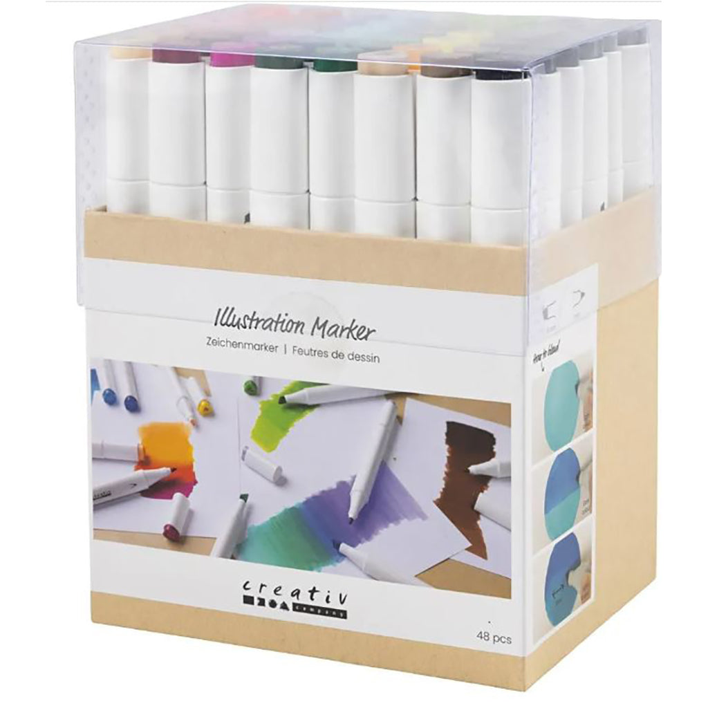 Illustration Marker, dobbelt, streg 1 + 8 mm streg, 48 stk. - Standardfarver