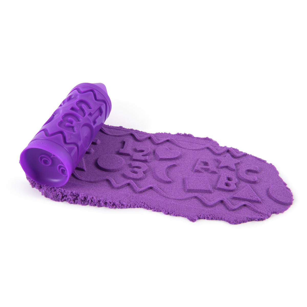 Kinetic Sand rulle med bogstaver og tal i lilla magisk sand