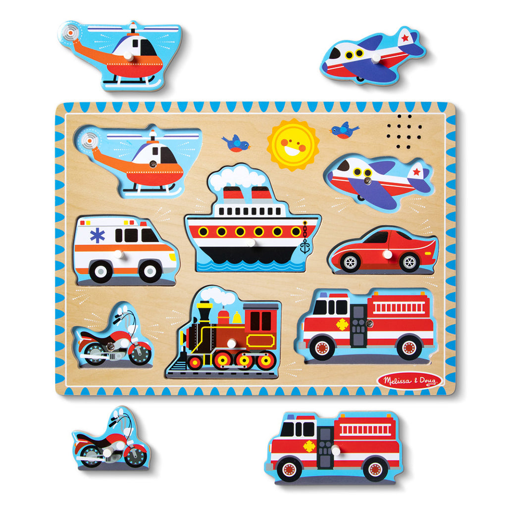 Melissa &amp; Doug knoppuslespil m. lyd, Køretøjer - 8 brikker