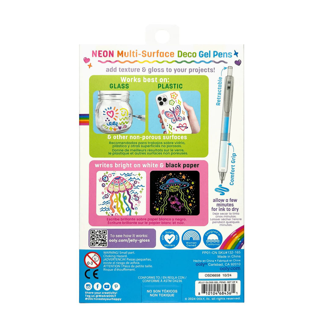 Ooly Gel Pen Set of 6, Multi-Surface Deco - Jelly Gloss Neon