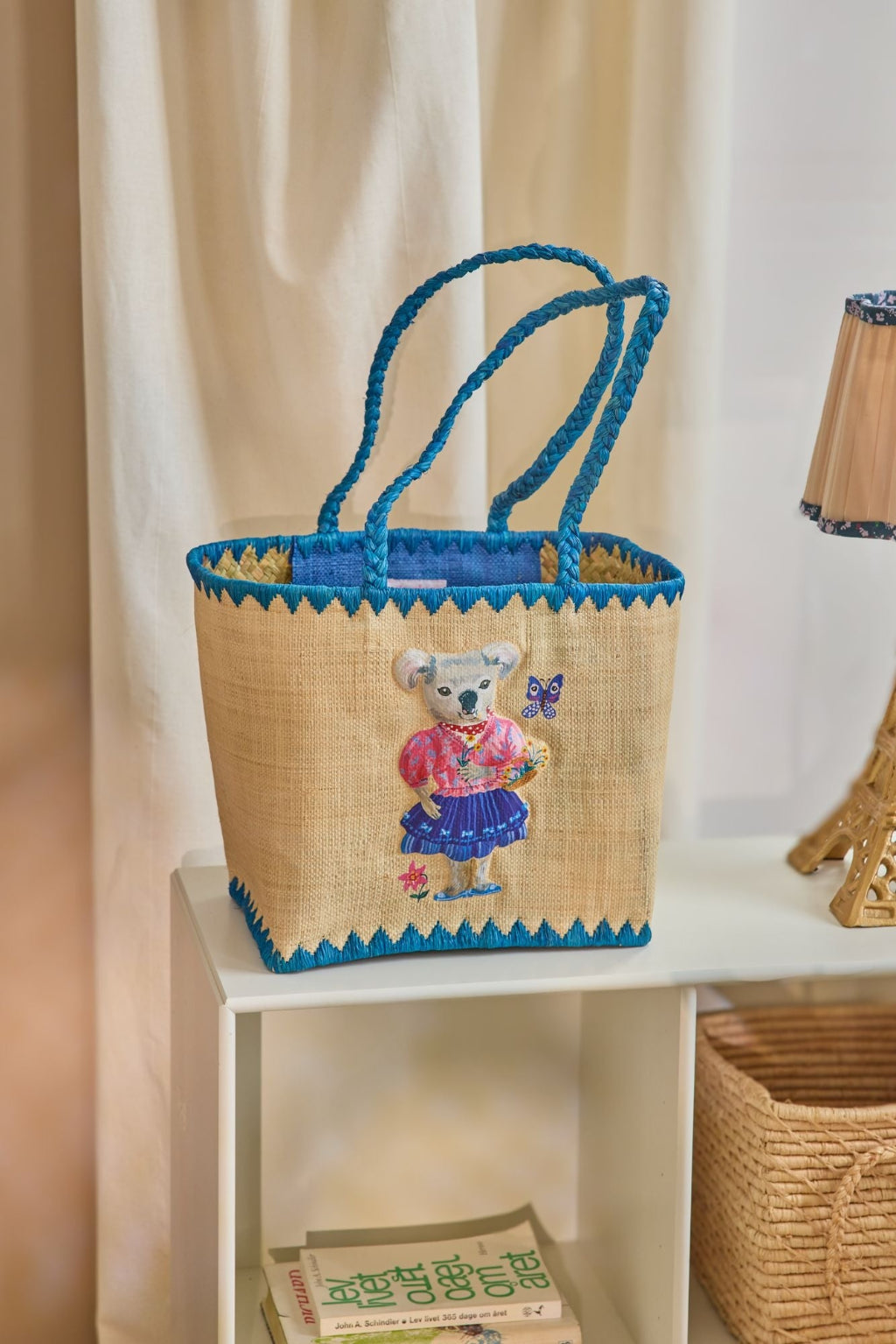 Rice kurvetaske, Mellem Raffia, blå - Nathalie Lété Print