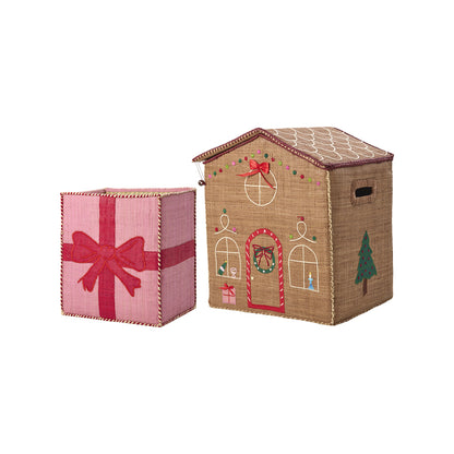 Rice julekurve i raffia, Gingerbread og gaveæske - sæt m 2 stk