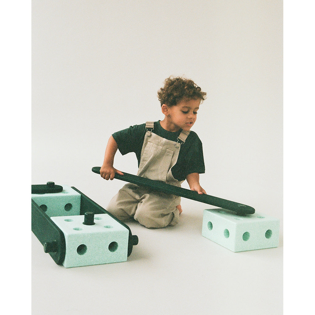 Modu Balance Track, Wooden Balance Beam with Foam Blocks, Activity Toy - Ocean Mint / Forest Green