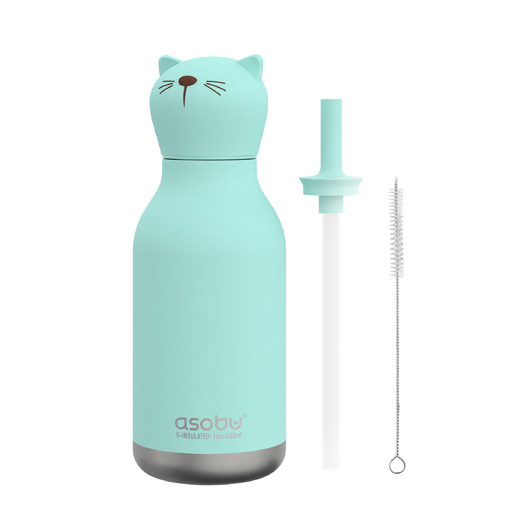 Asobu Bestie Animal termodrikkedunk 460 ml. med katteansigt og sugerør