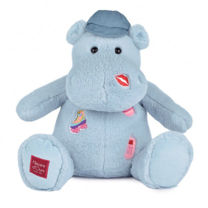 Doudou et Compagnie Plush Hippopotamus, Blue with Embroidered Patches - 38 cm