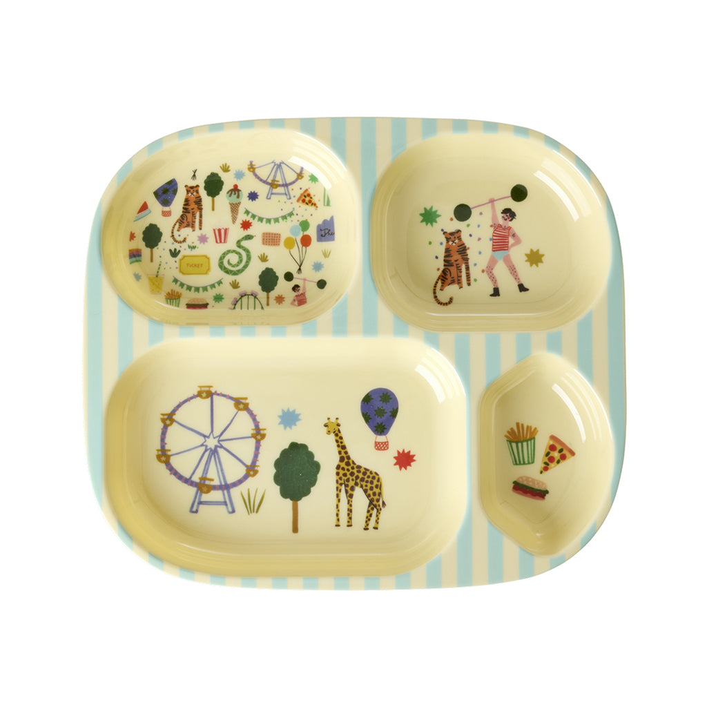 Rice 4-delt børnetallerken i melamin, Fun Fair print - Mint