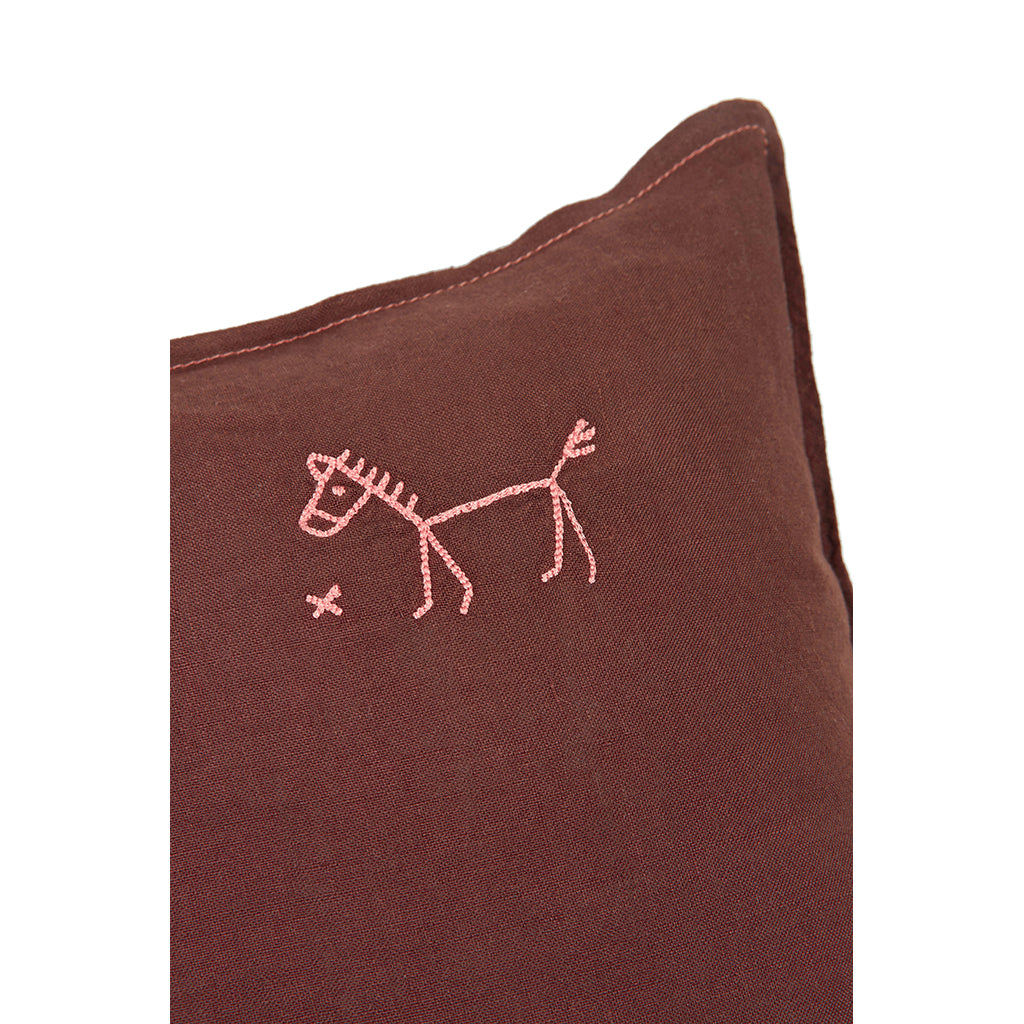 Nobodinoz Embroidered Pillow, 45 x 45 cm, Washed French Linen – Prune