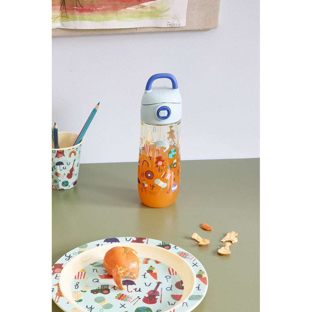 Rice Plastic Water Bottle, Blue ABC Print