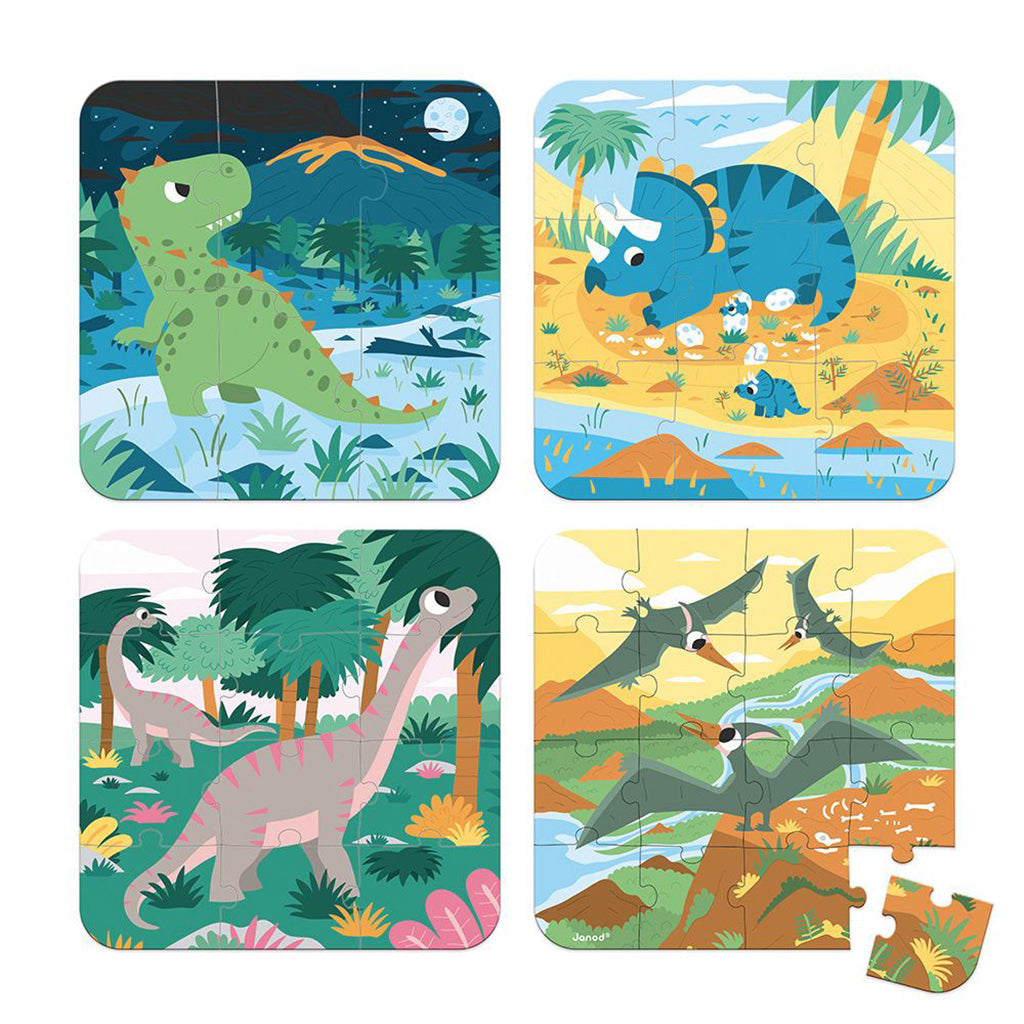 Janod Puzzle, 4-in-1 with Progressive Difficulty, 6, 9, 12, and 16 Pieces - Dinosaur