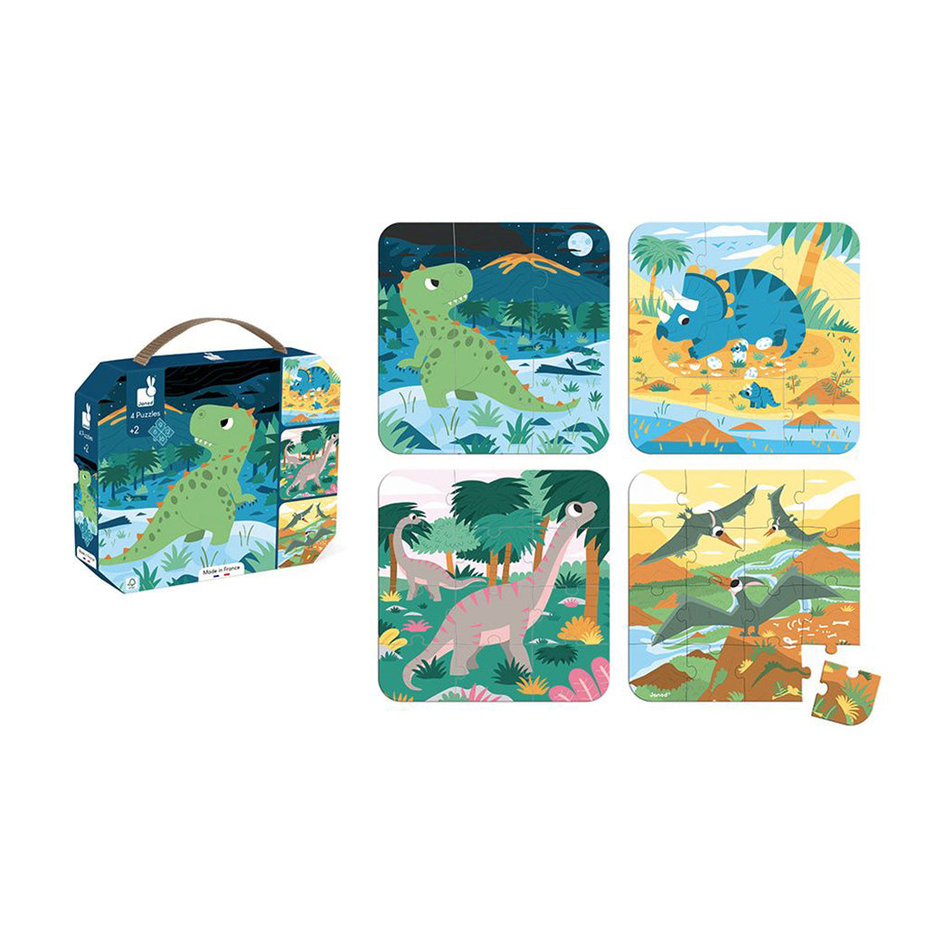 Janod Puzzle, 4-in-1 with Progressive Difficulty, 6, 9, 12, and 16 Pieces - Dinosaur