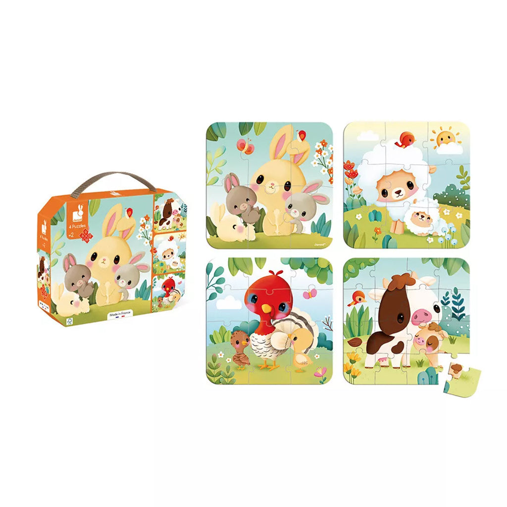 Janod Puzzle, 4-in-1 with Progressive Difficulty, 6, 9, 12, and 16 Pieces - Farmyard