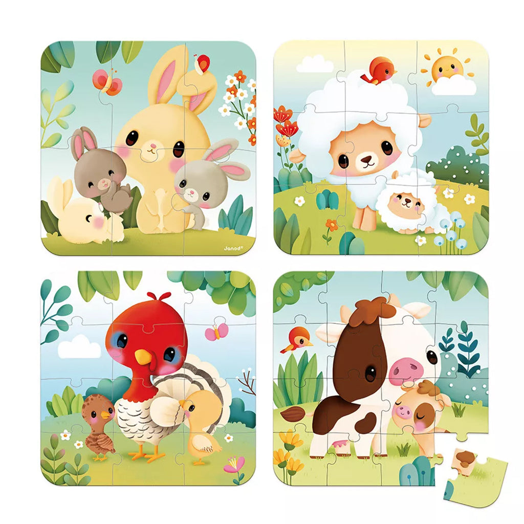 Janod Puzzle, 4-in-1 with Progressive Difficulty, 6, 9, 12, and 16 Pieces - Farmyard