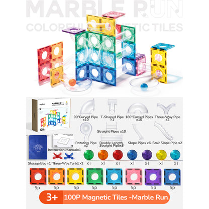 Mideer Magnetic Building Tiles with Marble Run, 100 Pieces