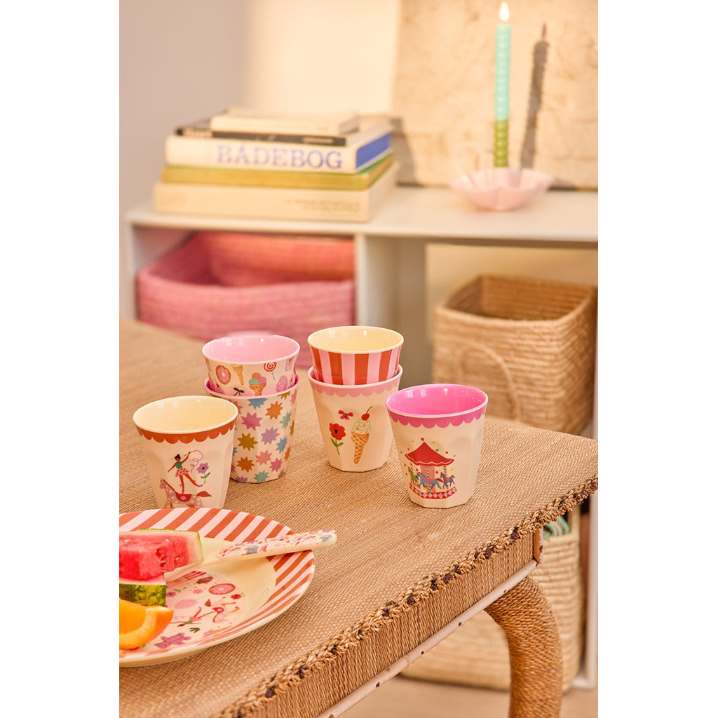 Rice Melamine Cups, Fun Fair Print, Set of 6, Small - Pink