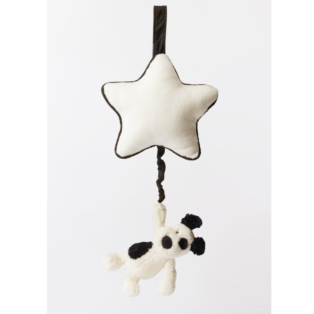 Baby Jellycat spilledåse med sort/creme hund og stjerne