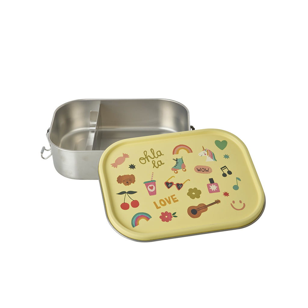 Rice madkasse i rustfrit stål m skillevæg, stor - Soft yellow unicorn love print