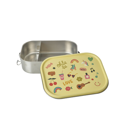 Rice madkasse i rustfrit stål m skillevæg, stor - Soft yellow unicorn love print