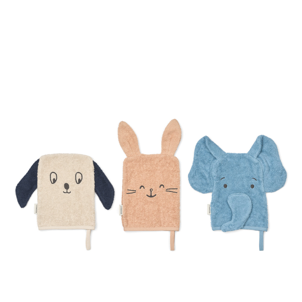 Liewood Washcloths with Animal Motifs, 3-Pack, Sylvester – Pale Tuscany Mix