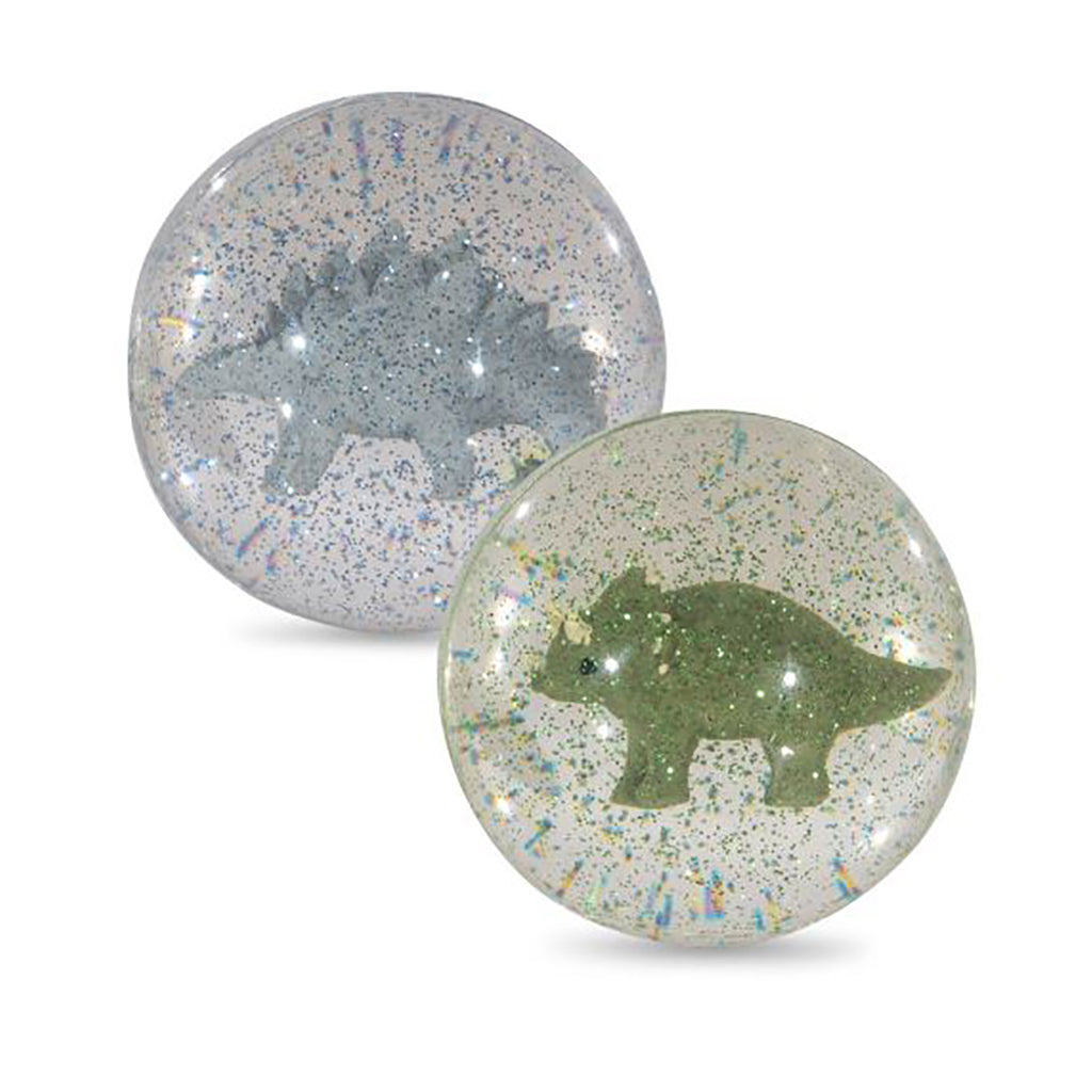 To gennemsigtige hoppebolde med glitter og dino motiver