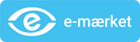 e-mærket logo i hvid tekst på blå baggrund