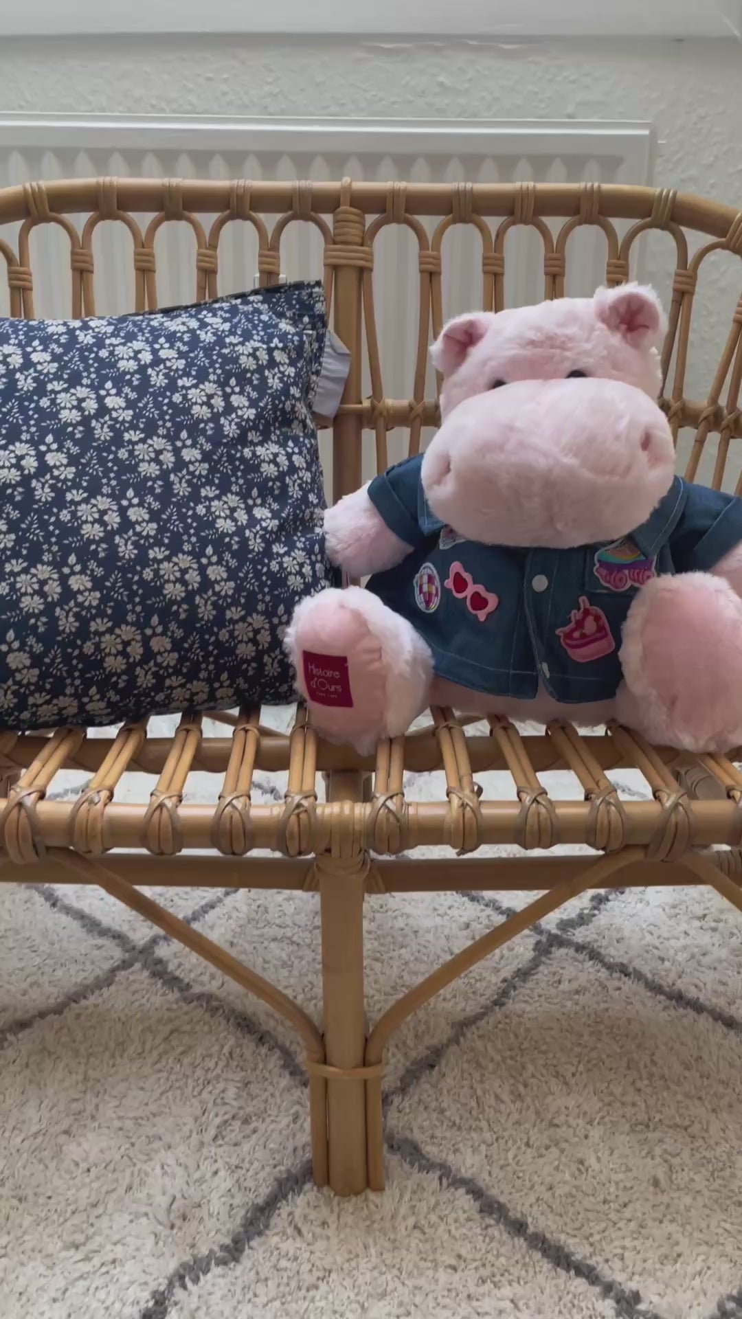 Doudou et Compagnie Hippo Plush Toy, Pink with Denim Jacket - 38 cm