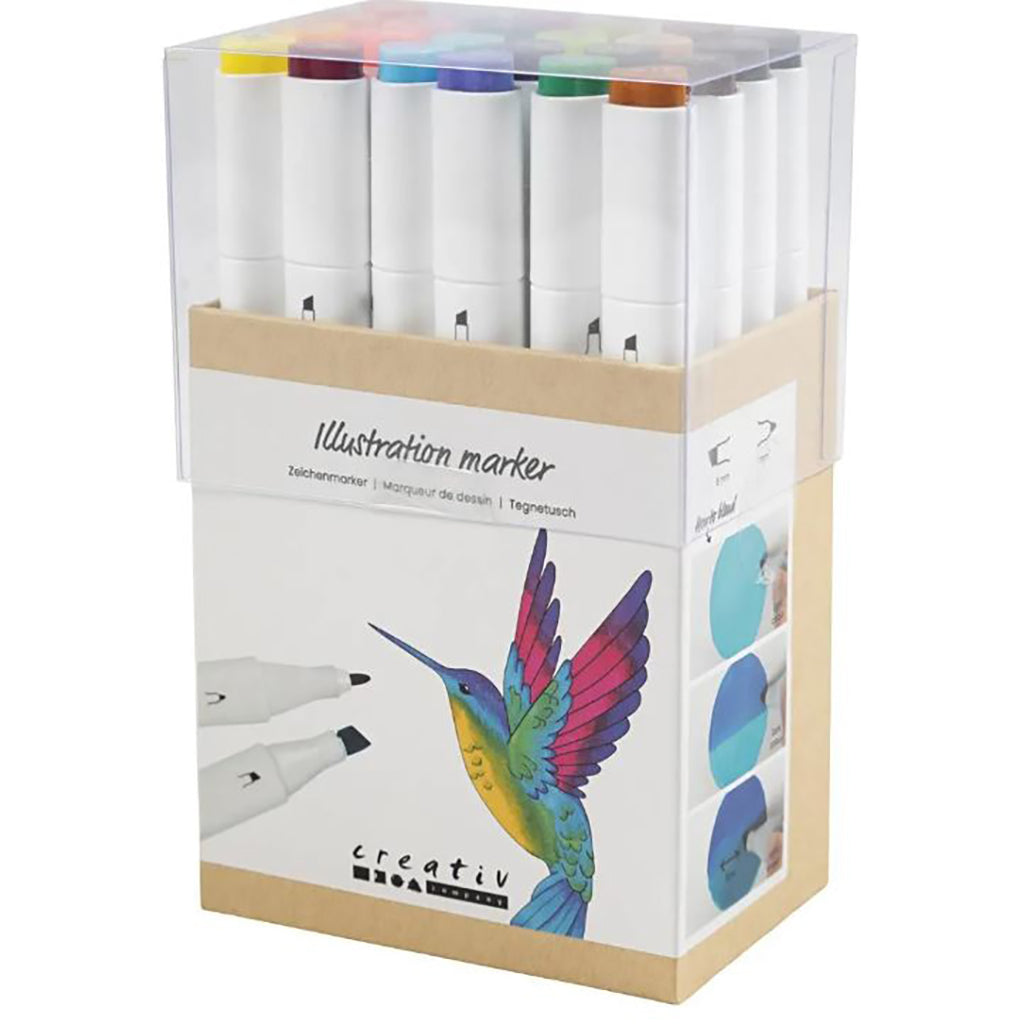 Illustration Marker, dobbelt, streg 1 + 8 mm streg, 24 stk. - Suppleringsfarver