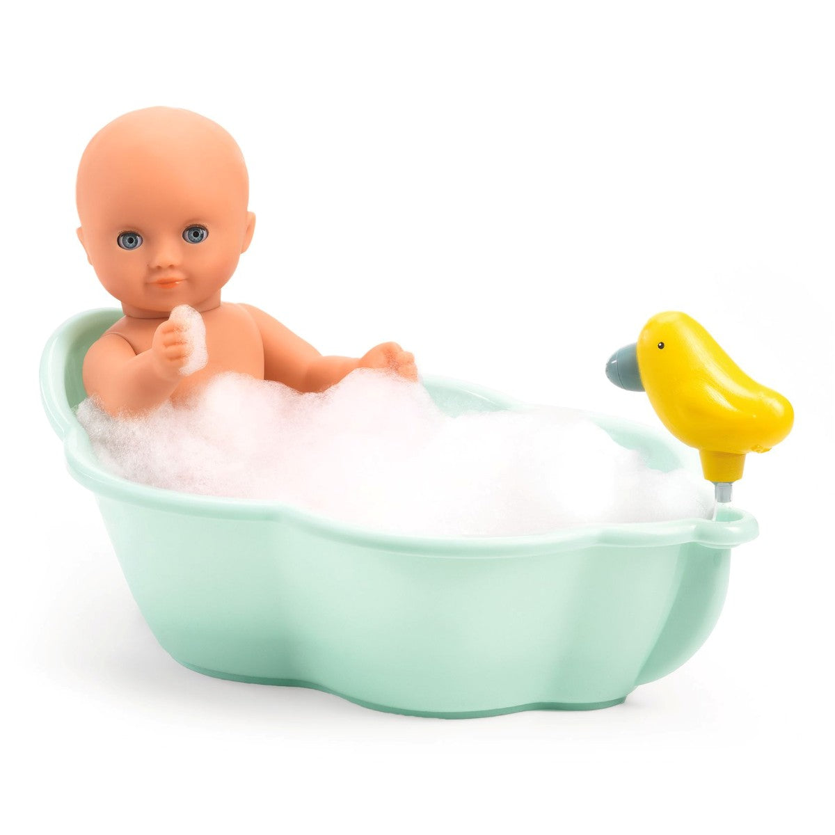 Djeco Pomea dukke i mintgrønt badekar med skum og gul and