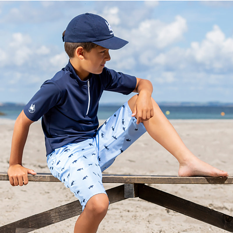 Petit Crabe UV Swim Top with Zipper and Short Sleeves, Max, Blue – For Ages 1-10